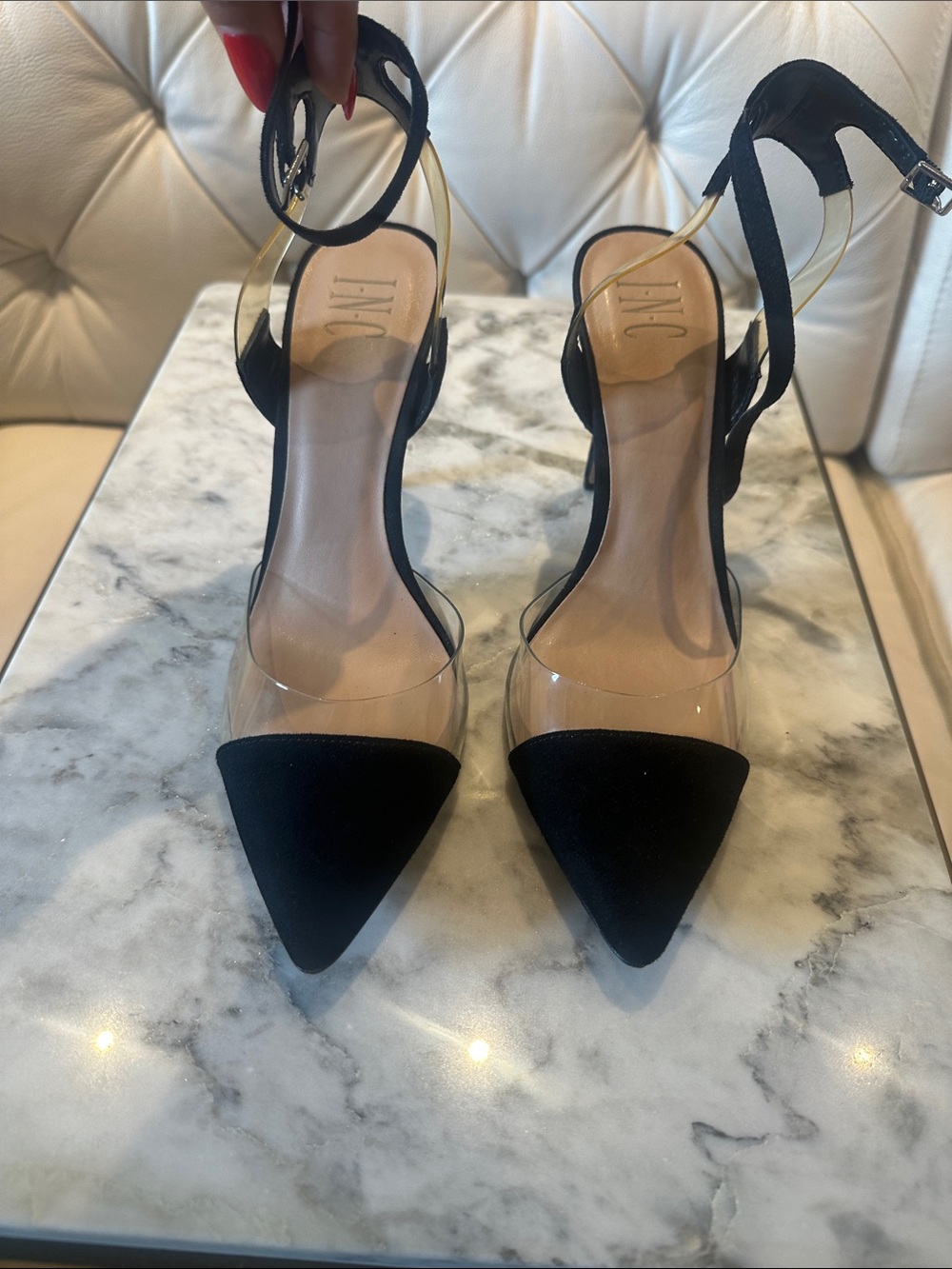 INC International Concepts Black Pointed Toe Ankle-Strap Heels with Clear Vamp